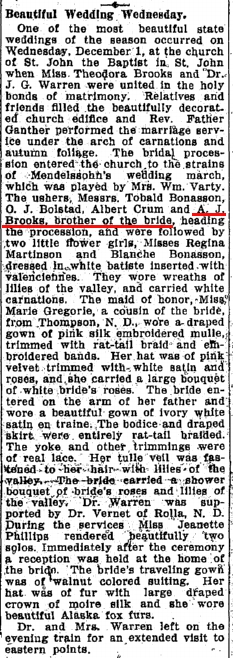Newspaper Announcement of Marriage of Dora Brooks to Dr. John G. Warren 